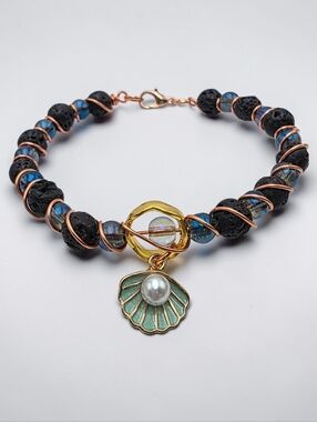 Sea-Inspired Shell Charm Bracelet with Black Lava & Blue Beads